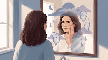 Mujer con cabello castaño de espaldas frente a un espejo de baño, su reflejo muestra una expresión de preocupación y símbolos de perimenopausia.