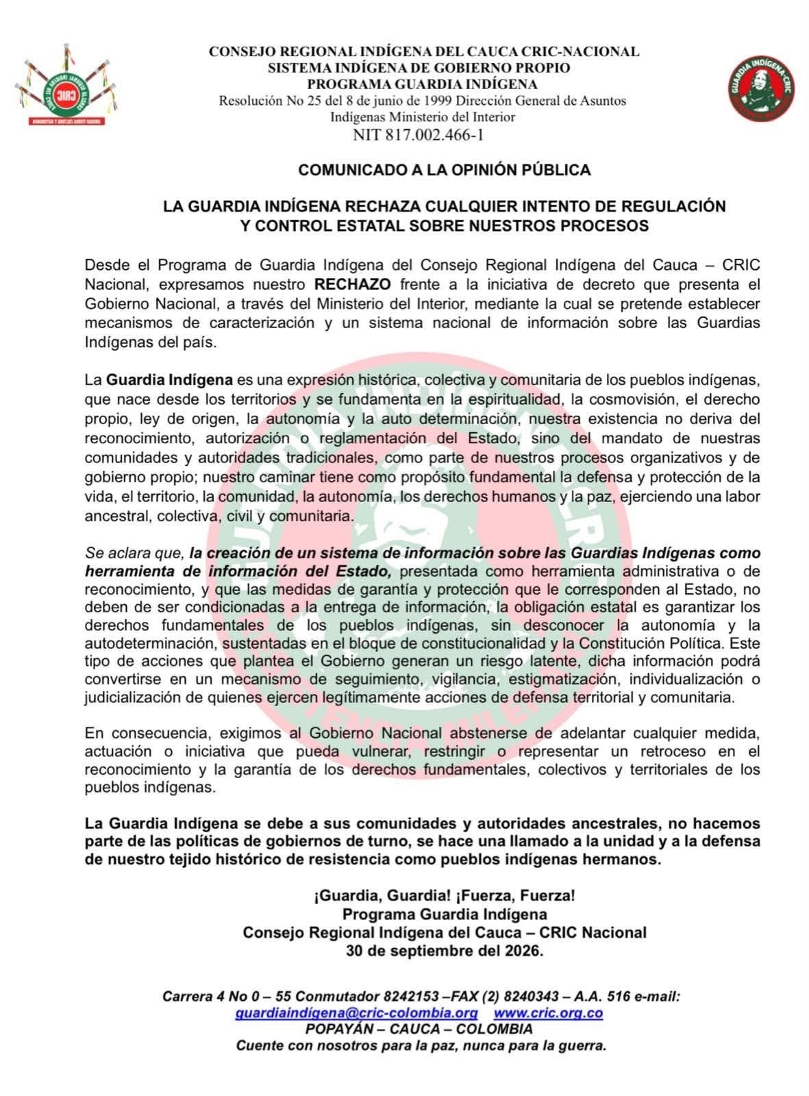 El Consejo Regional Indígena del Cauca cuestionó que las garantías de protección del Estado colombiano puedan quedar sujetas a la entrega de datos - crédito CRIC