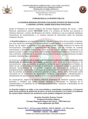 El Consejo Regional Indígena del Cauca cuestionó que las garantías de protección del Estado colombiano puedan quedar sujetas a la entrega de datos - crédito CRIC