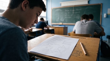 Un joven sentado ante un escritorio de madera con un examen impreso y un lápiz en un salón de clases con pizarrón verde.