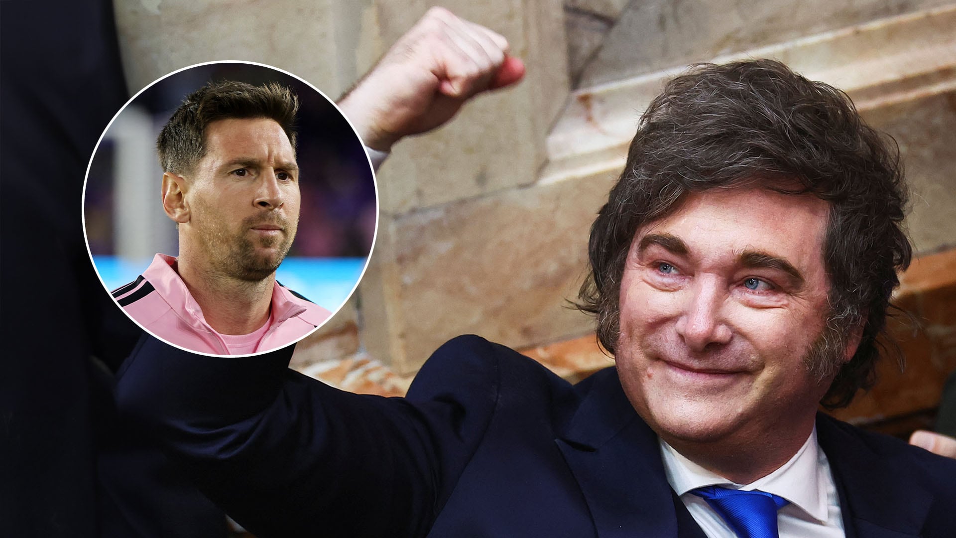 El presidente de Argentina, Javier Milei, sonríe y gesticula con el puño en alto, mientras una imagen circular superpuesta muestra a Lionel Messi.