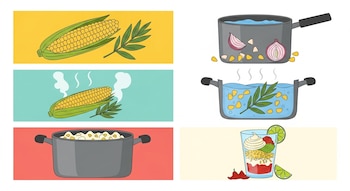 Infografía con 4 viñetas mostrando la preparación de esquites: elote desgranado, cebolla y agua en olla, elote hirviendo con epazote, y vaso de esquites con aderezos.