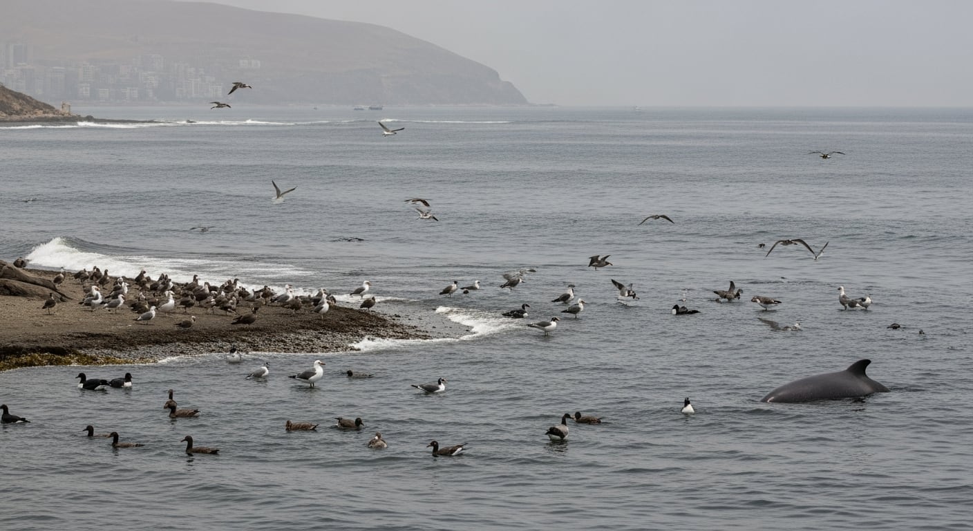 Un mamífero marino, patos y gaviotas se congregan en una playa urbana de Perú, un efecto del fenómeno El Niño que altera la distribución de especies y su alimento. (Imagen Ilustrativa Infobae)