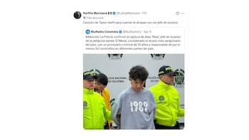 El hoodie gris con la leyenda “1989 - Taylor’s version” que vestía alias Nías al momento de su captura generó numerosos comentarios y memes en redes sociales - crédito @LaTayMexicana / X