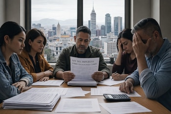 Cinco personas urbanas mexicanas sentadas en una mesa frente a la Ciudad de México. Un hombre lee un documento sobre la Ley del Impuesto a Sucesiones.