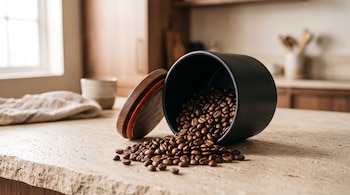 Un frasco negro recostado y granos de café tostado esparcidos sobre una superficie de piedra en una cocina.