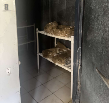 Se ve el interior de una habitación oscura con paredes muy sucias y un suelo de baldosas; hay un estante de dos niveles con varias bolsas de plástico marrones