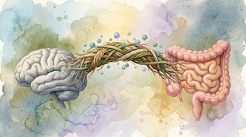 Cerebro humano y aparato digestivo unidos por raíces entrelazadas con burbujas de colores flotantes, sobre un fondo de acuarela abstracto.