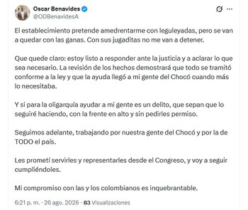 Tras conocer la apertura de la indagación, el representante aseguró que está dispuesto a comparecer ante la justicia y entregar las explicaciones que sean necesarias - crédito @ODBenavidesA/X