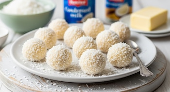 Primer plano de doce bombones de coco redondos y blancos, cubiertos con coco rallado, sobre un plato blanco. Se ven latas de leche condensada y mantequilla al fondo.