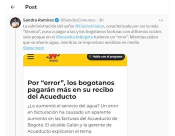 Sandra Ramírez crítica la administración de Carlos Fernando Galán - crédito @SandraComunes