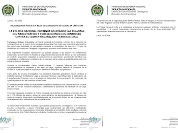 El operativo de la Dirección de Antinarcóticos, en el marco de la estrategia Esmeralda Plus, identificó una modalidad de ocultamiento con mezcla de droga y producto alimenticio - crédito prensa Policía Nacional