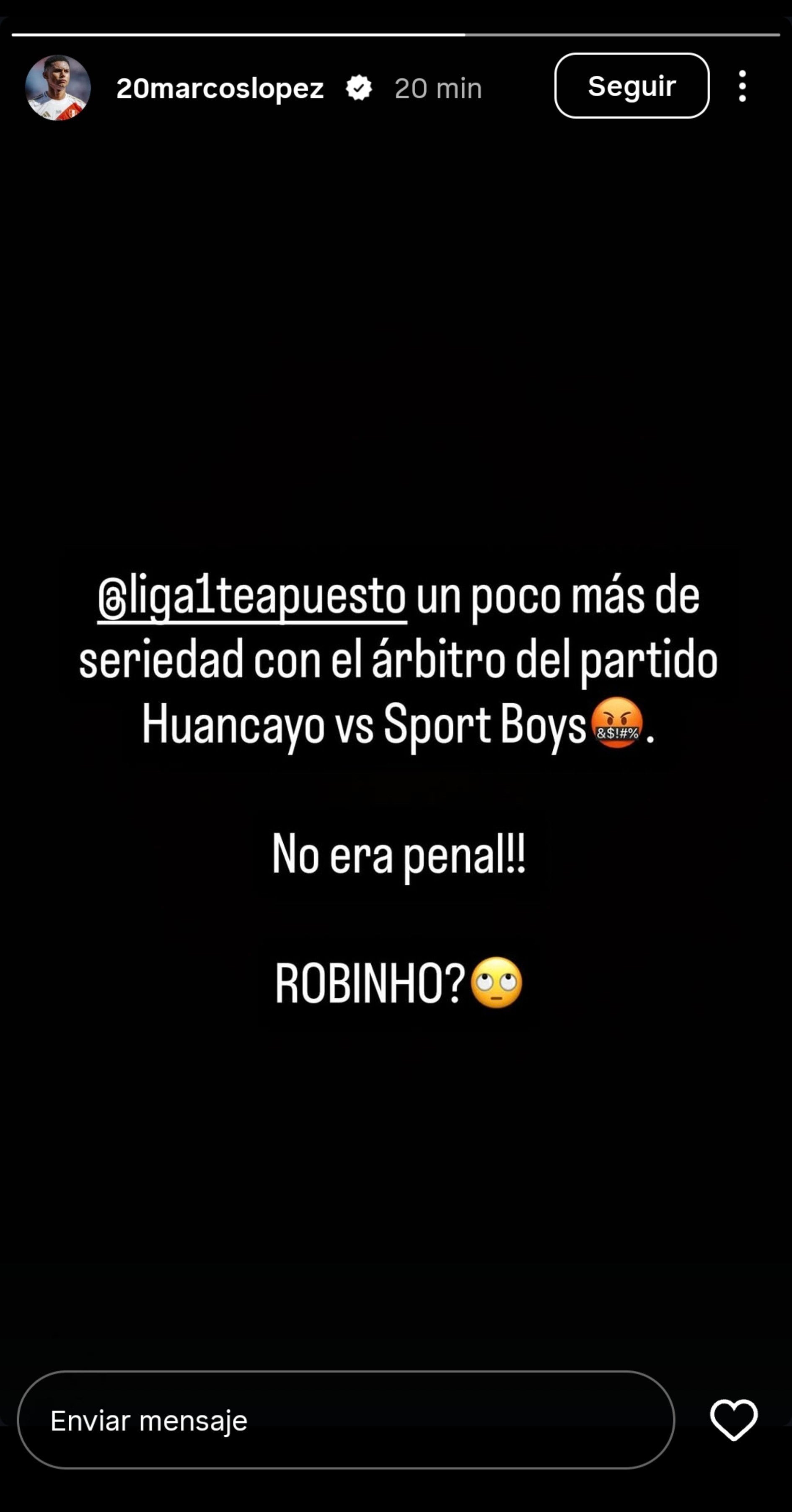 Marcos López y su mensaje tras la derrota de Sport Boys en Huancayo. Crédito: Instagram Marcos López.
