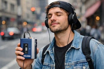 Un hombre joven con gorra y chaqueta de mezclilla usa auriculares negros y sostiene un walkman azul y plateado en la mano.