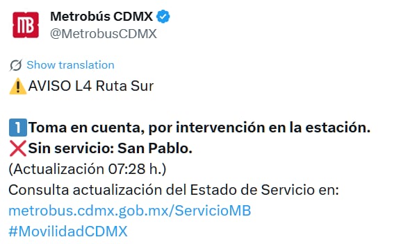 Avance en tiempo real de las diversas líneas de la red de transporte público capitalino. (TW MB CDMX)