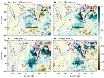 Las imágenes satelitales de una región del océano Índico muestran un aumento inusual de las precipitaciones diarias (en milímetros por día) en los días posteriores a los eventos de intrusión seca. Según datos satelitales de los últimos 40 años (Instituto Weizmann)
