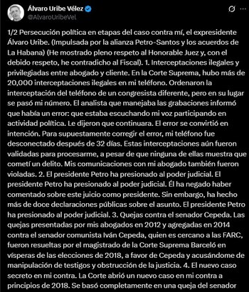 Publicación de Álvaro Uribe en