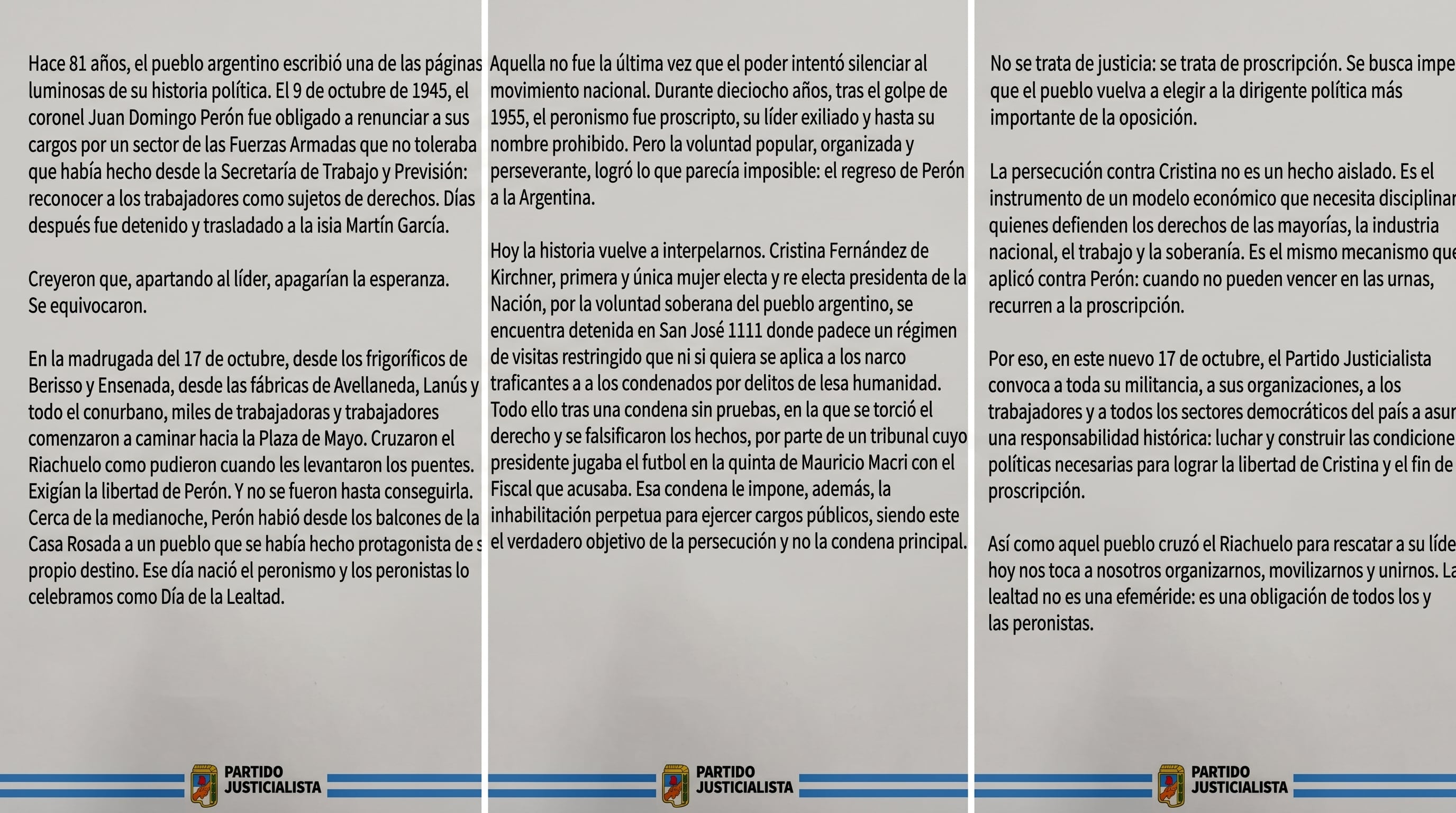 El texto completo del PJ en donde se compara a CFK con Perón (Imagen Ilustrativa Infobae)