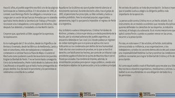 Tres paneles con texto en español sobre fondo gris claro y el logotipo del Partido Justicialista en el margen inferior de cada sección.