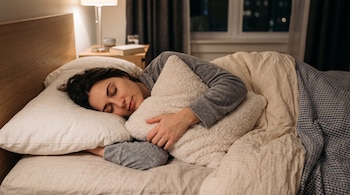 Una mujer con pijama gris duerme acostada en una cama y abraza una almohada blanca junto a una mesa de noche con lámpara.