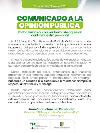 La E.S.E. Hospital San Vicente de Paúl de Caldas informó que el ataque ocurrió durante la madrugada mientras el trabajador cumplía sus funciones - crédito hospicaldas/Facebook