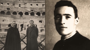 Dos sacerdotes frente al Coliseo de Roma a la izquierda y el retrato de un joven sacerdote a la derecha.