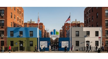 Edificios residenciales en el Bronx. Fachada azul, verde y gris. Banderas de EE.UU., logo NYC Housing Connect y carteles de lotería de vivienda. Gente caminando en la acera.