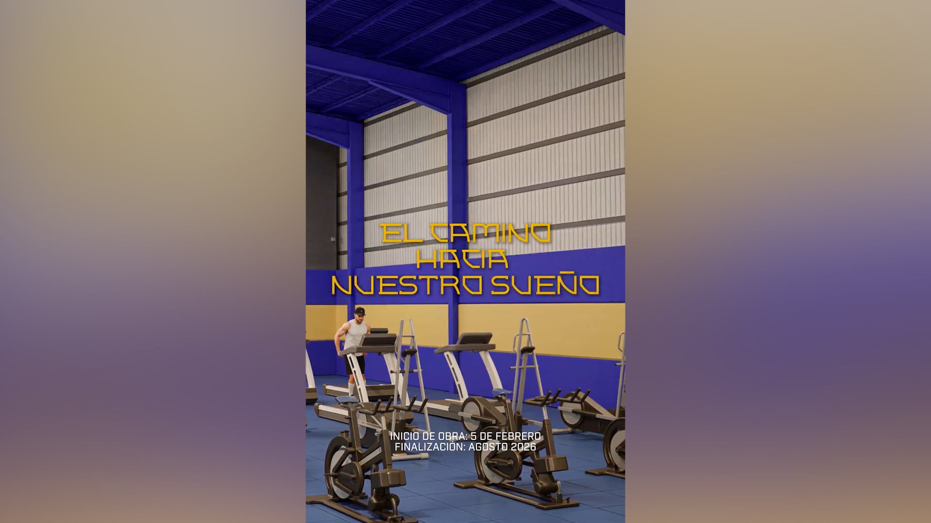 Un renderizado arquitectónico muestra el diseño interior de un gimnasio con diversas máquinas de ejercicio, destacando el texto motivacional