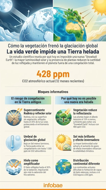 Infografía que muestra la Tierra: una mitad helada y sin vegetación, la otra con plantas y sol. Ilustra el rol de la vegetación para evitar la glaciación global