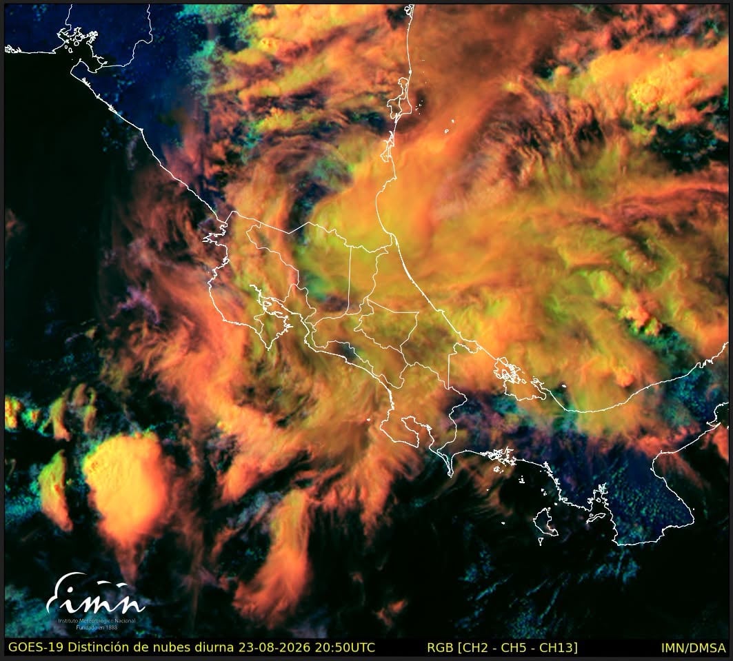 Las autoridades anticipan lluvias y aguaceros en el Caribe y la Zona Norte, además de lloviznas y lluvias aisladas en el Valle Central durante la madrugada y la mañana del lunes. (Cortesía: Instituto Meteorológico Nacional)