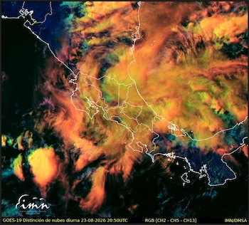 Las autoridades anticipan lluvias y aguaceros en el Caribe y la Zona Norte, además de lloviznas y lluvias aisladas en el Valle Central durante la madrugada y la mañana del lunes. (Cortesía: Instituto Meteorológico Nacional)
