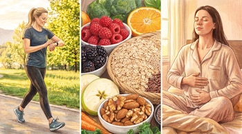 Tres ilustraciones: una mujer camina al aire libre, varios cuencos con frutas y frutos secos, y una mujer meditando en una cama.