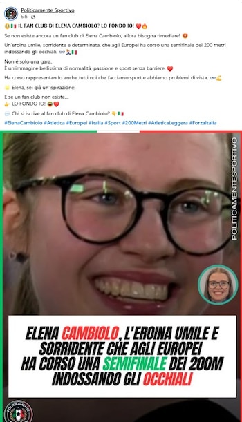 Primer plano de Elena Cambiolo sonriendo con gafas. En la esquina inferior derecha hay una imagen pequeña de la misma mujer