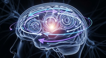 Silueta lateral de un cerebro humano transparente con estructuras neuronales al fondo. En su interior, múltiples flechas y círculos luminosos en tonos azules y púrpuras.