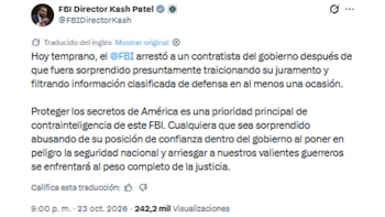 Captura de pantalla de una publicación en redes sociales traducida al español atribuida a Kash Patel sobre un arresto del FBI