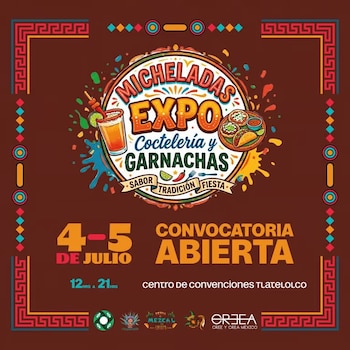 Cartel gráfico promocional para la "Micheladas Expo Coctelería y Garnachas" con ilustraciones de una michelada y platillos mexicanos