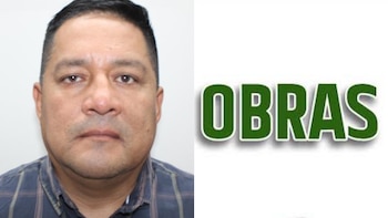 Retrato de un hombre con camisa a cuadros junto a la palabra OBRAS escrita en letras mayúsculas de color verde sobre fondo blanco