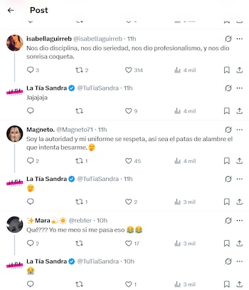 Captura de pantalla de publicaciones en Twitter que muestran reacciones de usuarios y de la cuenta "La Tía Sandra" a un video viral