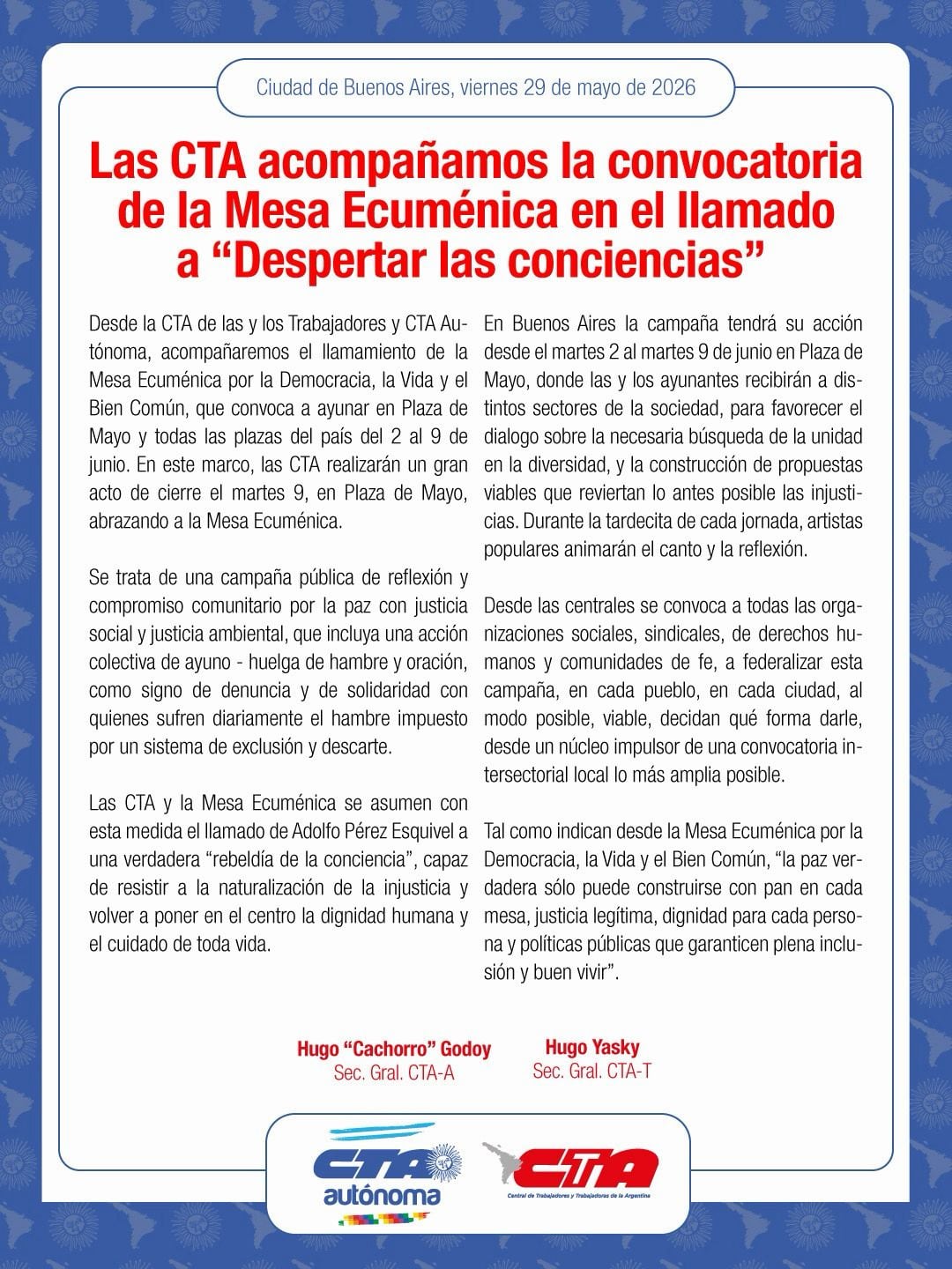 Comunicado de las dos CTA por el ayuno nacional de Adolfo Pérez Esquivel