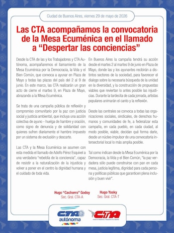 Comunicado de las dos CTA por el ayuno nacional de Adolfo Pérez Esquivel