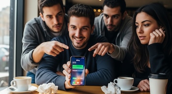 Cuatro personas en un café, un hombre sonriente sostiene un iPhone con la aplicación Apple Pay, mientras otros dos hombres lo señalan y una mujer observa atentamente.
