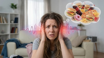 Mujer angustiada con manos en los oídos y ondas sonoras. Una burbuja de pensamiento con hamburguesas, pizza, papas fritas, refrescos y donas flota a su lado.