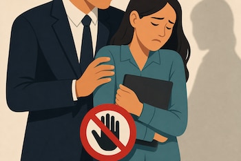 Ilustración de un hombre en traje que toca el hombro de una mujer con una carpeta, junto a una señal roja con una mano.