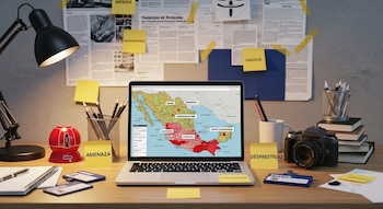 Mesa de escritorio con laptop abierta mostrando un mapa de México con zonas coloreadas, cámara fotográfica, credenciales de prensa, post-its con palabras y documentos.