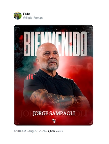Publicación de la red social X con la imagen del entrenador Jorge Sampaoli, la palabra Bienvenido y el escudo de River Plate