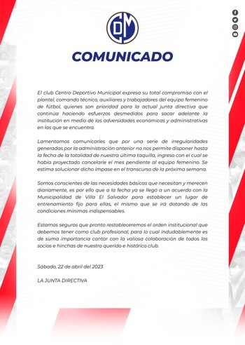 Comunicado de Deportivo Municipal respecto