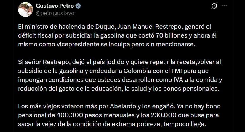 Gustavo Petro aseguró que Abelardo de la Espriella engañó a los adultos mayores de Colombia, quienes, según él, fueron quienes más votaron por el candidato - crédito @petrogustavo/X