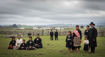 Ocho personas maoríes en primer plano sobre hierba verde, cuatro de pie y cuatro sentadas. Dos hombres de traje oscuro se paran al fondo junto a cercos y casas.