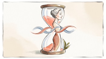 Ilustración de la silueta de una mujer madura dentro de un reloj de arena con arena de color coral y dos ondas entrelazadas en el centro.