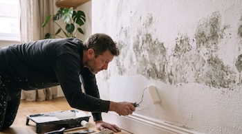 Hombre arrodillado pintando una pared blanca con un rodillo. La pared tiene manchas oscuras de moho. Hay una bandeja de pintura en el suelo.